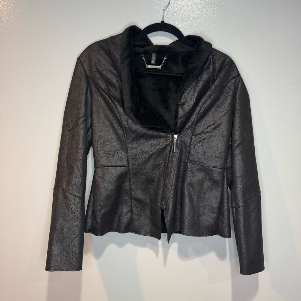 White House Black Market Lined Jacket Black Gray Waterfall Zip Moto Faux Leather